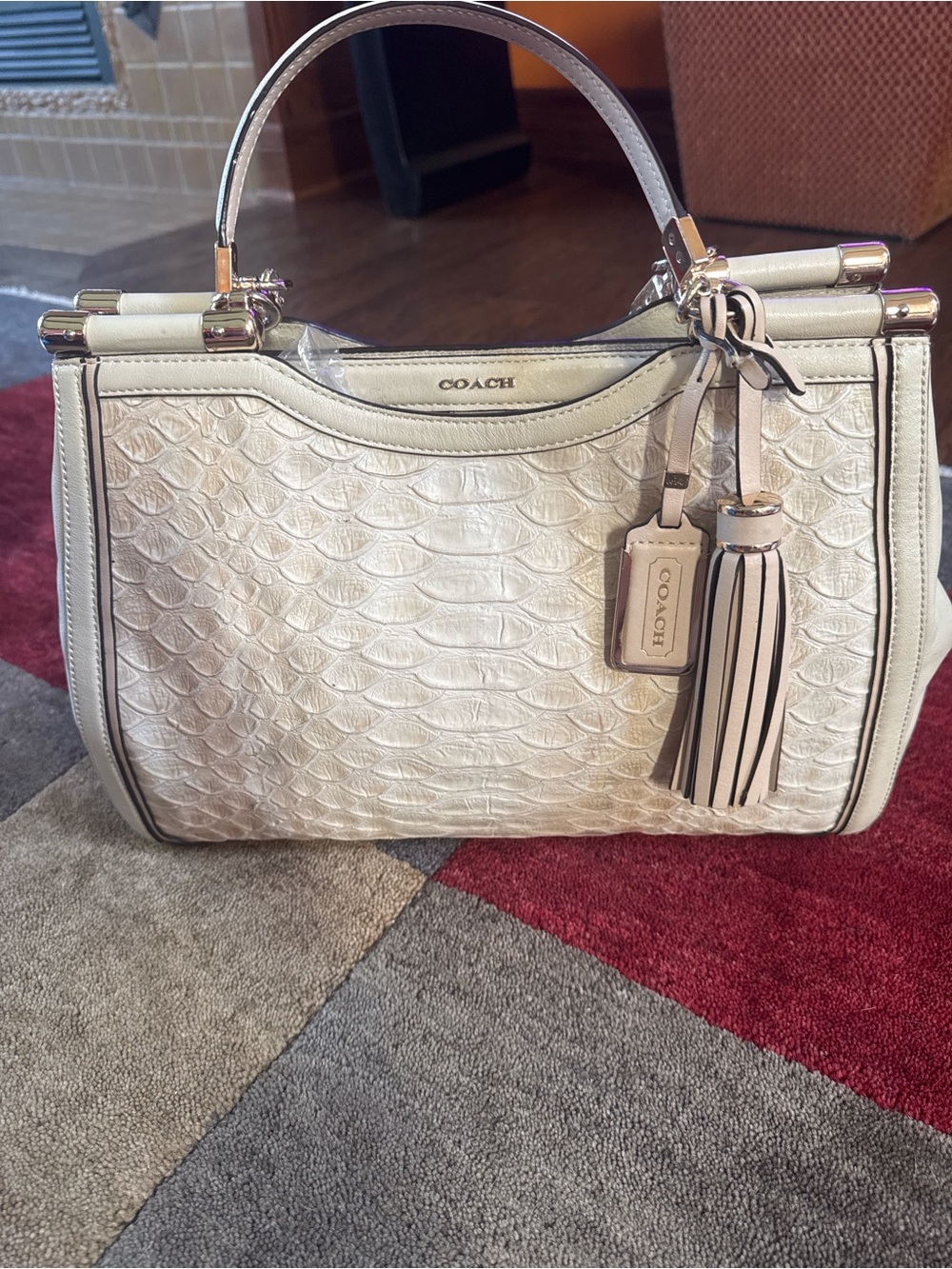 Coach Cream Leather Embossed Satchel with Tassel and Detachable Strap